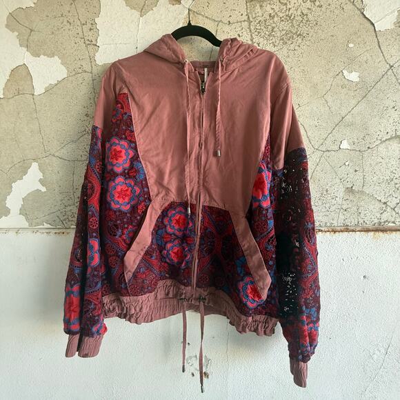 Free People Jackets & Blazers - Free People Jacket Boho Patchwork Zip Up Hoodie Embroidered Floral Womens Large